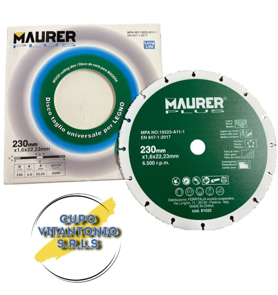 DISCO TAGLIO UNIVERSALE PER LEGNO MAURER PLUS MISURA 230mm x 1,6 x 22,23mm